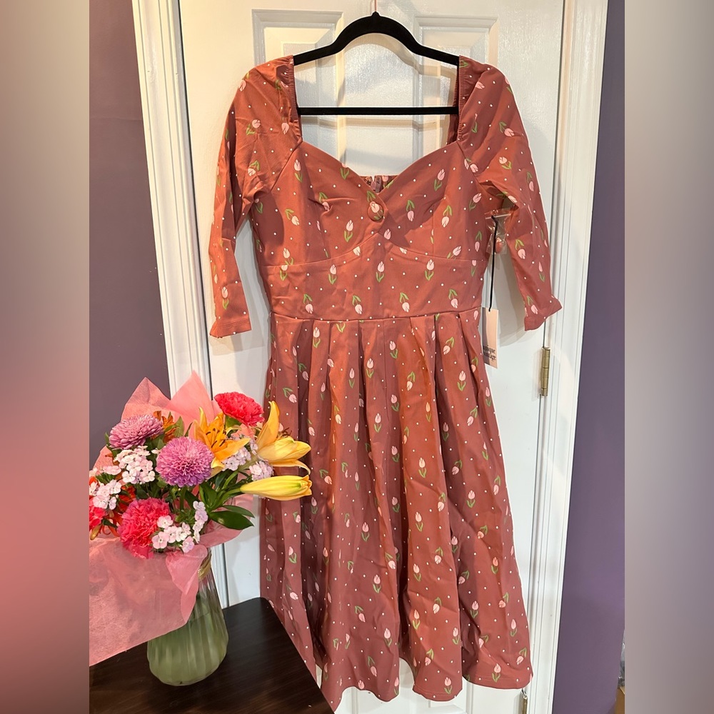 Unique Vintage Rose & Pink Tulip Print Lamar Swing Dress